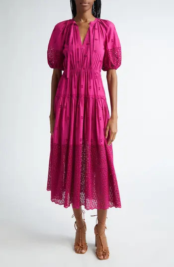 Ulla Johnson Nova Eyelet Puff Sleeve Dress in Ruby at Nordstrom Rack, Size 2 | Nordstrom Rack