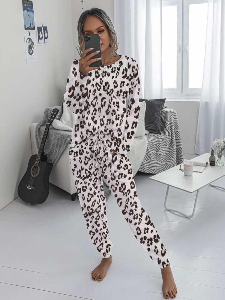 Leopard Tee With Tie Front Sweatpants | SHEIN