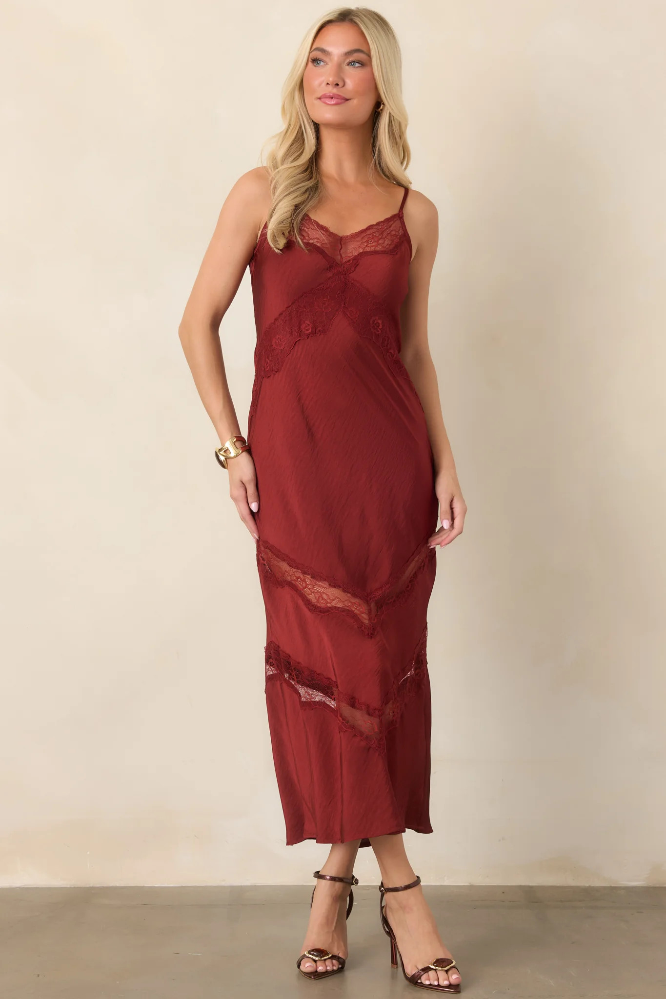 Z Supply Bruna Rouge Red Satin Lace Inset Midi Dress | Red Dress
