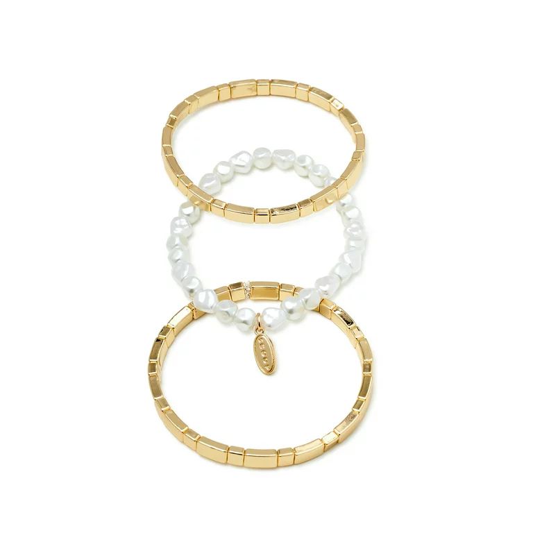 Scoop Women’s Faux Pearl and 14K Gold Flash-Plated Stretch Bracelet, 3-Piece Set | Walmart (US)