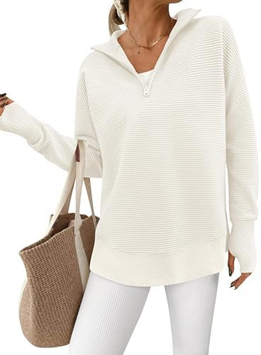 PRETTYGARDEN Womens Long Sleeve Quarter Zip Pullover Sweater Casual Loose V Neck Collared Ribbed ... | Amazon (US)