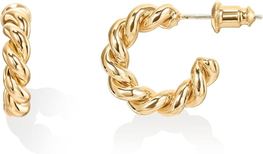 PAVOI 14K Gold Plated Twisted Rope Round Hoop Earrings in Rose Gold, White Gold and Yellow Gold | Amazon (US)