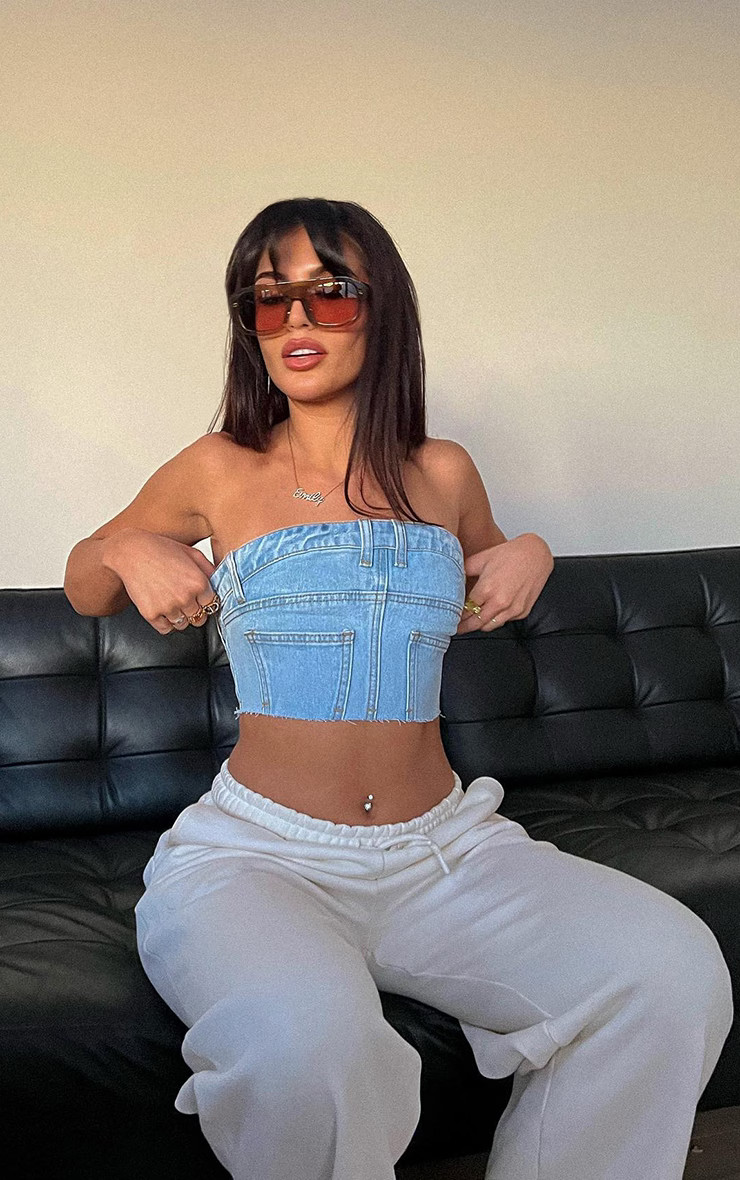 Light Blue Wash Jean Detail Cropped Bandeau Denim Top | PrettyLittleThing US