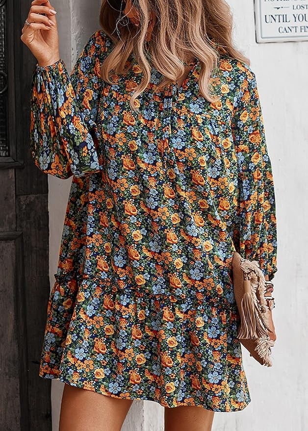 KIRUNDO Womens Fall Dresses 2023 Long Sleeve Tunic Ruffle Leopard Floral Print Boho Casual Loose ... | Amazon (US)