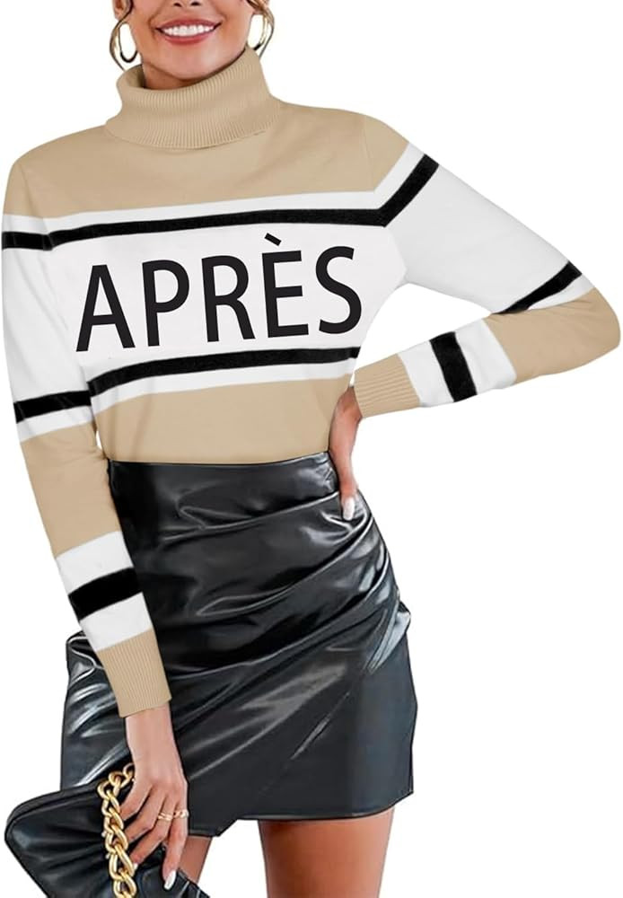 Women Turtleneck Sweaters Striped Colorblock Tops Winter Apres Ski Sweater Shirts Fashion Winter ... | Amazon (US)