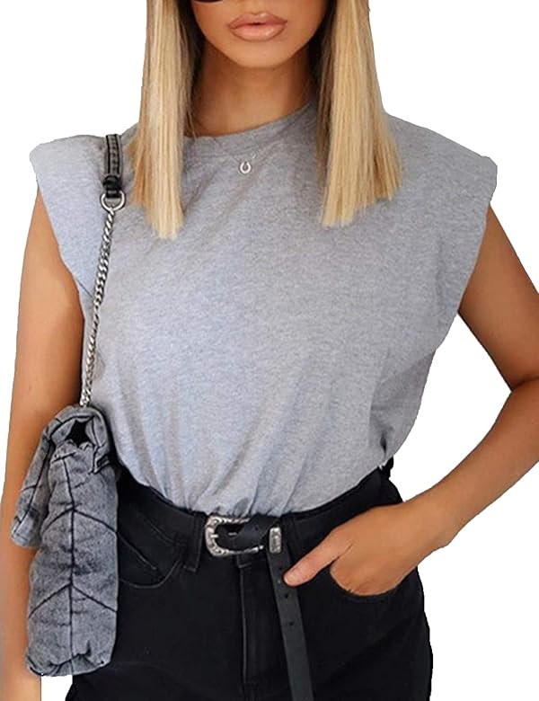 SAFRISIOR Women Loose Solid Shoulder Pads Sleeveless T-Shirt Casual Cotton Round Neck Tank Tee To... | Amazon (US)