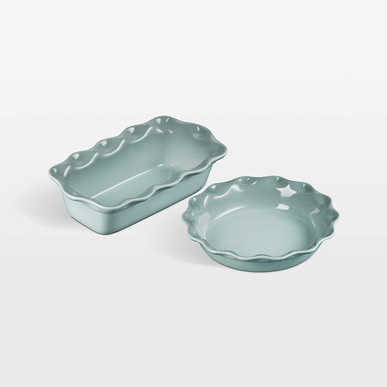 Le Creuset Sea Salt Fluted Ceramic Pie Dish and Loaf Pan Set + Reviews | Crate & Barrel | Crate & Barrel