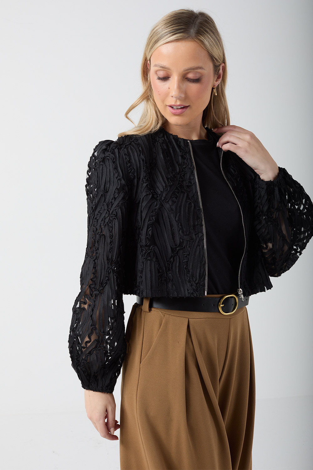 Sile Lace Short Jacket in Black | iCLOTHING