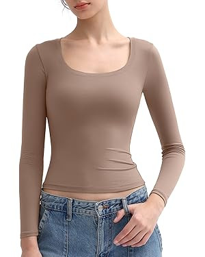 PUMIEY Women's Long Sleeve T Shirts Scoop Neck Slim Fit Going Out Tops Double Lined Basic Tee Smo... | Amazon (US)