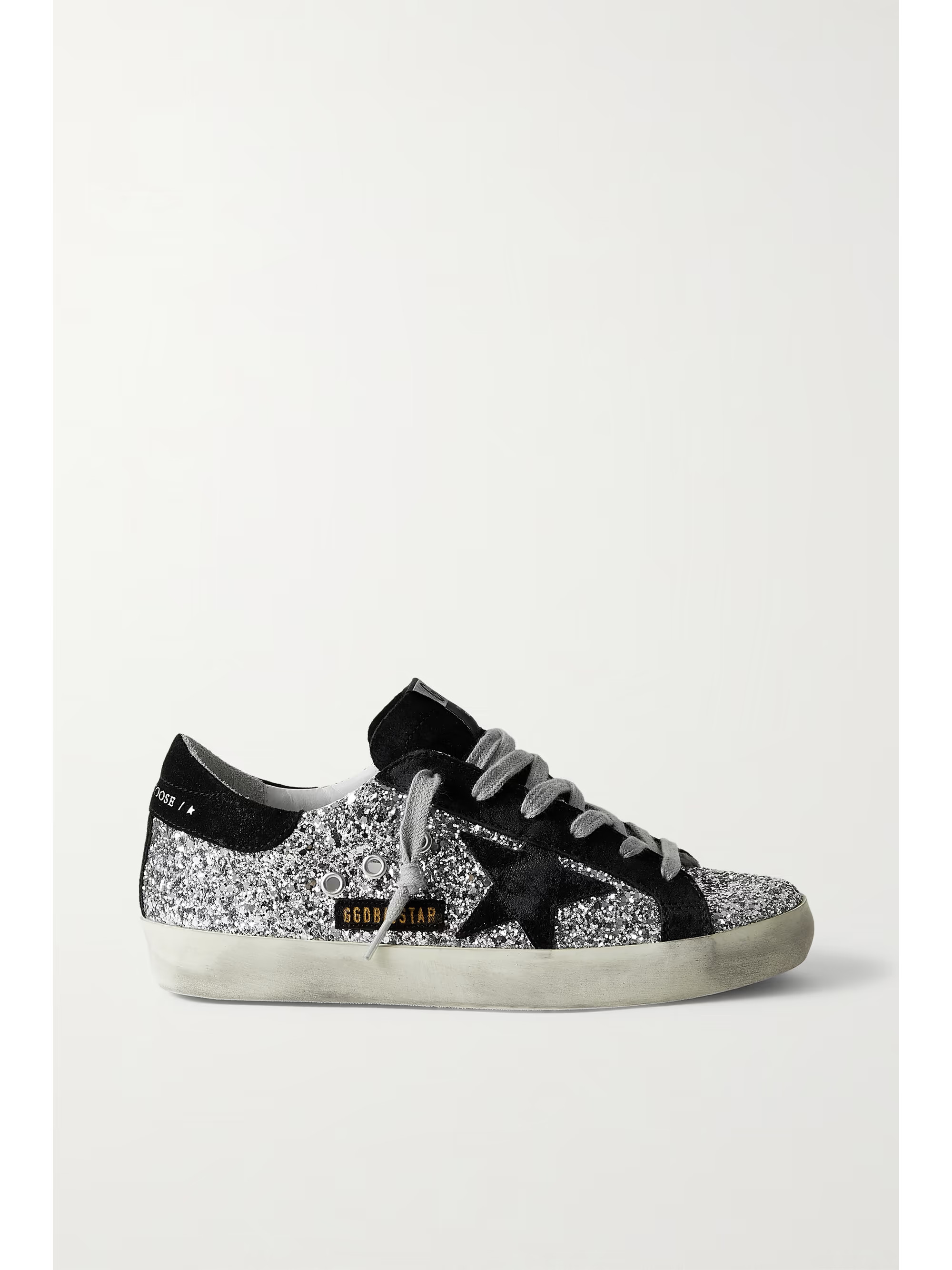 Superstar distressed glittered leather and suede sneakers | NET-A-PORTER (US)