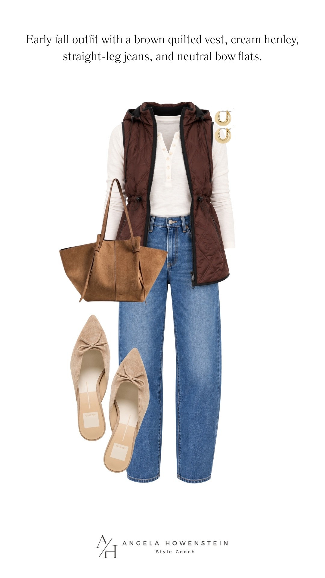 This is such an easy early-fall outfit! A lightweight brown quilted vest over a classic cream henley, straight-leg jeans, neutral bow flats, and a suede tote—comfortable, polished, and perfect for everyday.

👩‍💻 LTK PRO TIPS
❤️ Heart = Support my posts ;-)
🔖 Save = Get sale & restock alerts for the things you love!
📋 Lists = Keep favorites organized (List ideas: Christmas, Birthdays, and Vacations!)
📲 Share = Send lists and products to a friend (or your daughters like me).
💬 Comment = Ask me anything, and I’ll answer. ;-)

#LTKootd #LTKSeasonal #LTKOver40