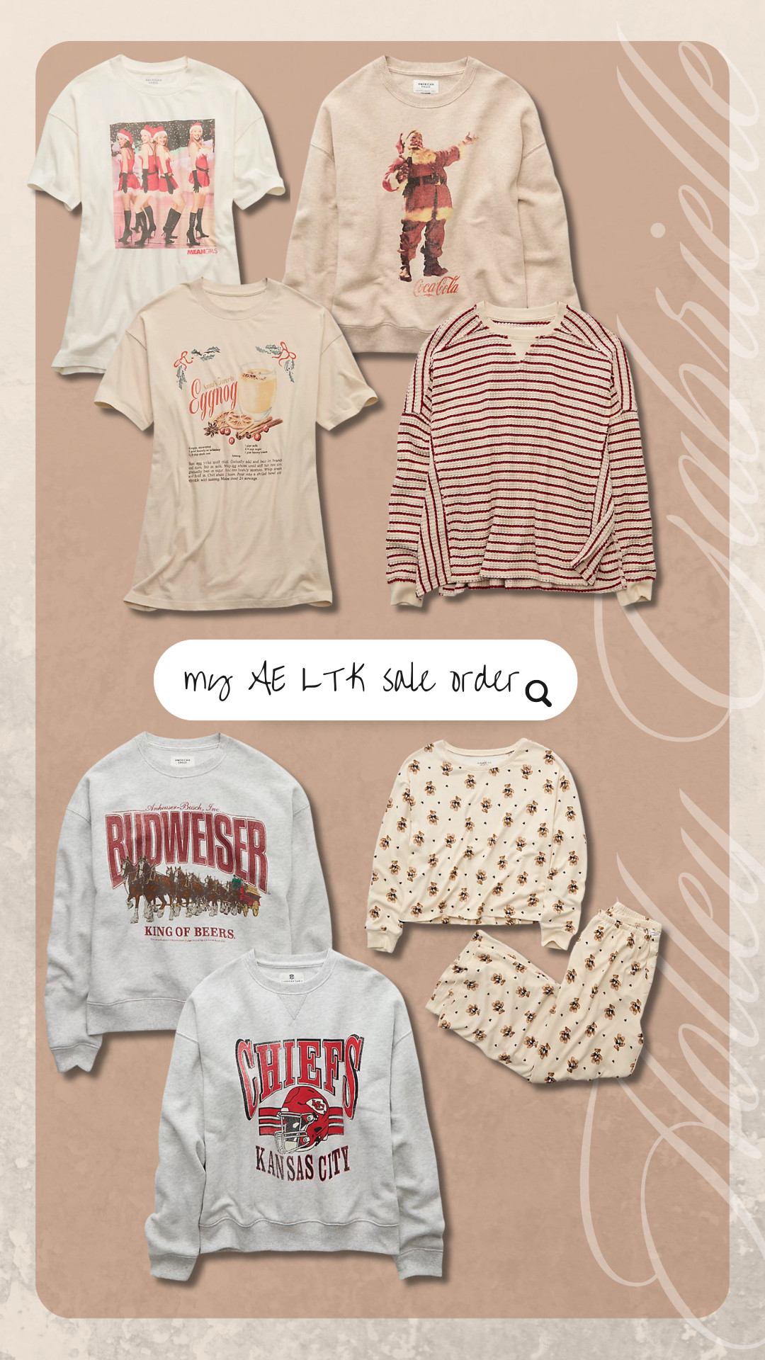 My American Eagle haul from the 30% off sale this weekend! code LTKFALLSALE to stack & save! 🤎🎄🎅🏼 NEVER too early for Xmas graphics ok!? 🤣 

I got M graphic tees, L crewnecks for the most part & S in the pjs! 

Comfy / casual / sweatshirts / American Eagle / aerie / cute / Christmas 2025 / Holley Gabrielle / chiefs football 

#LTKFallSale #LTKFindsUnder100 #LTKSeasonal