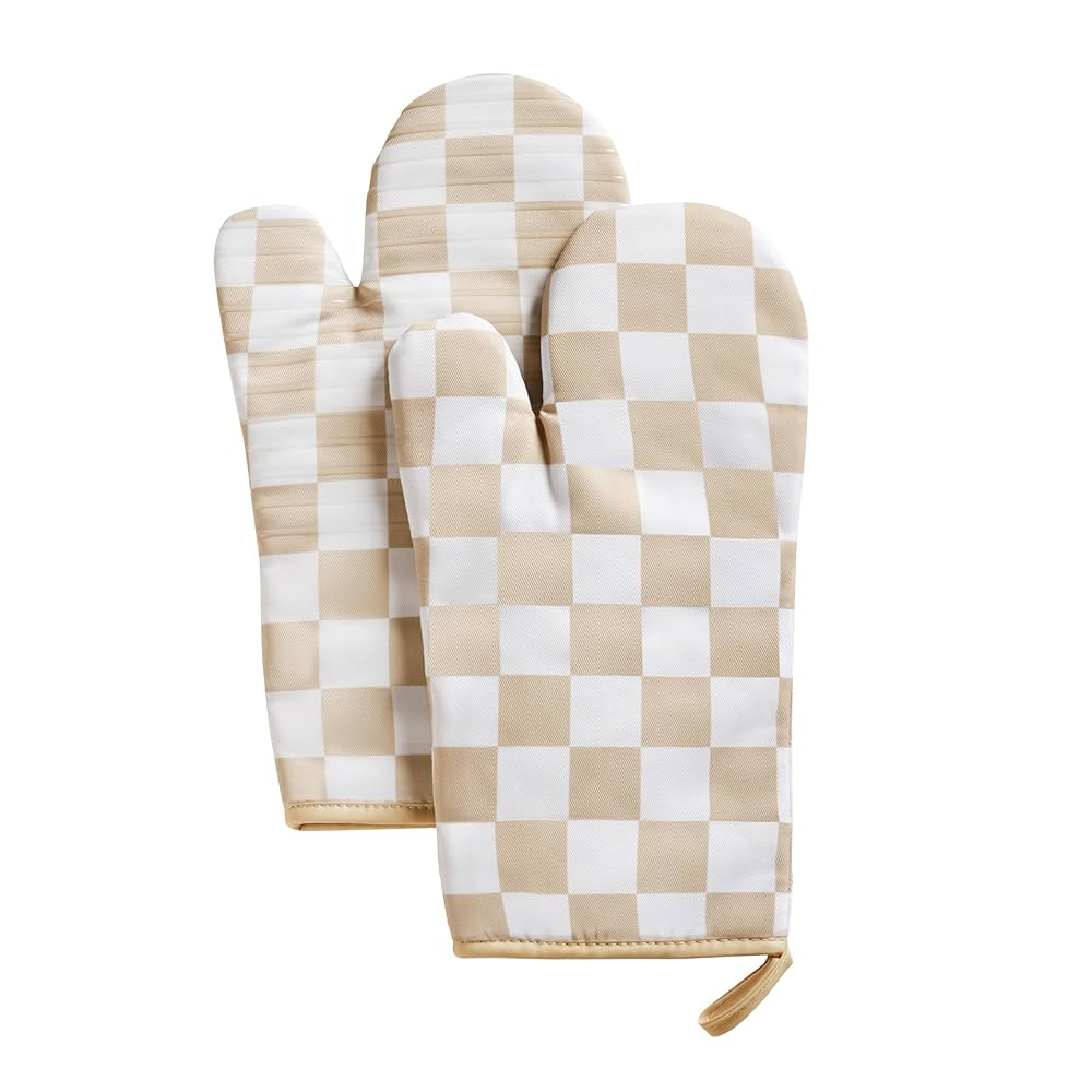 Beige Checkered Oven Mitts Heat Resistant, Vintage Retro Checkerboard Cute Oven Mitts, Non-Slip S... | Amazon (US)
