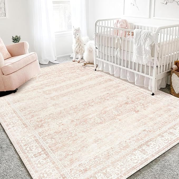Nursery Rug for Baby Girl,Neutral Blush Pink Boho Cute Floral Foldable Machine Washable Soft Faux... | Amazon (US)