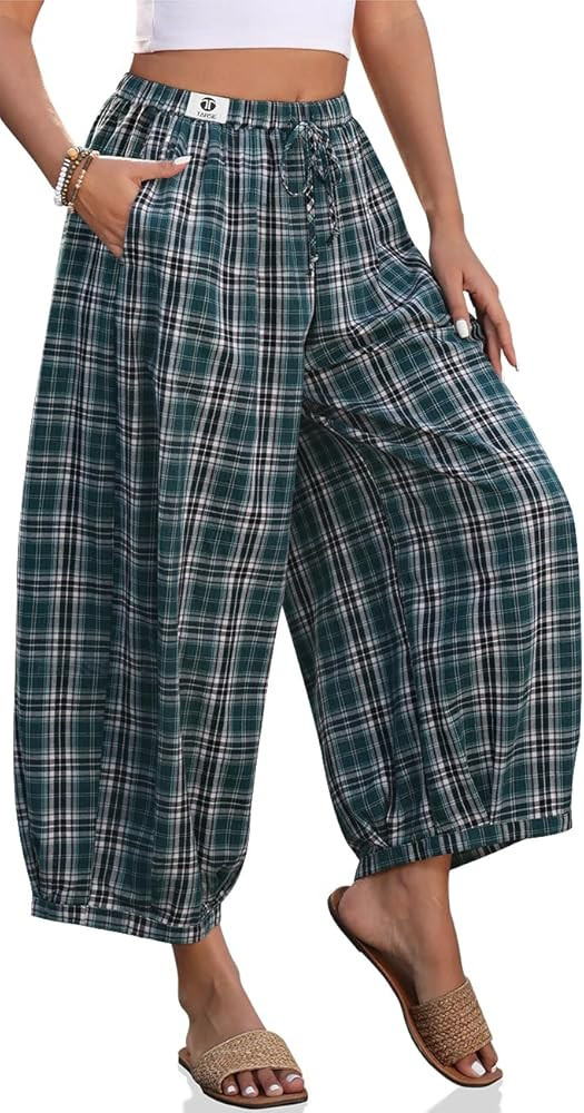 TARSE Women Cotton Linen Wide Leg Pants Plaid Loose Harem Pants Palazzo Casual Boho Summer Capri ... | Amazon (US)
