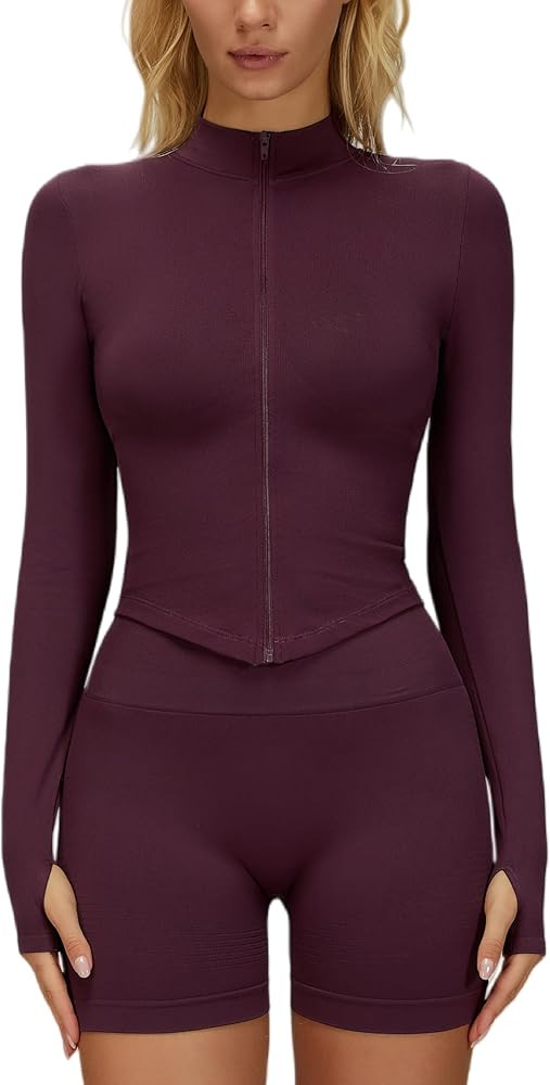 Yknktstc Women Workout Jacket Full Zip Athletic Tops Cropped Shirt with Thumbholes Quick Dry Runn... | Amazon (US)