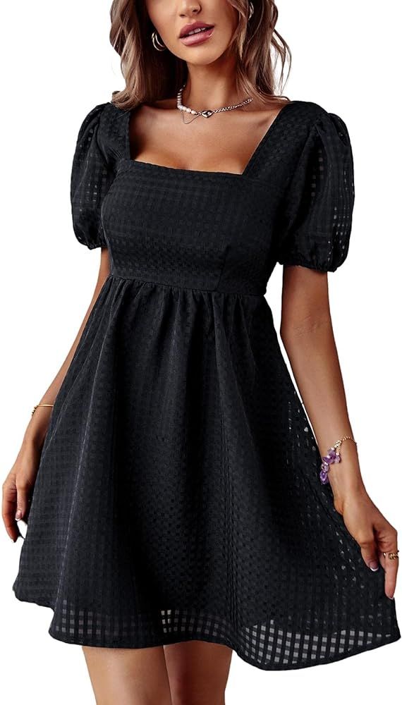 Raikamitu Women's Summer Lantern Sleeve Square Neck Dress Open Back Cute Babydoll A-Line Vintage ... | Amazon (US)
