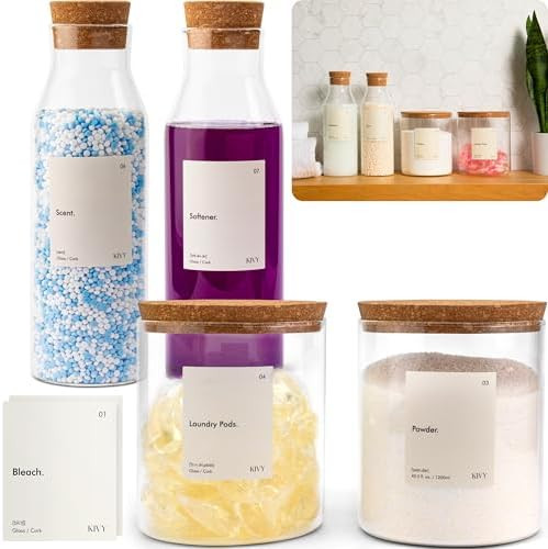 KIVY Glass Detergent Dispenser Container Set of 4 [INCL Labels] Large Glass jars for Laundry Room... | Amazon (US)
