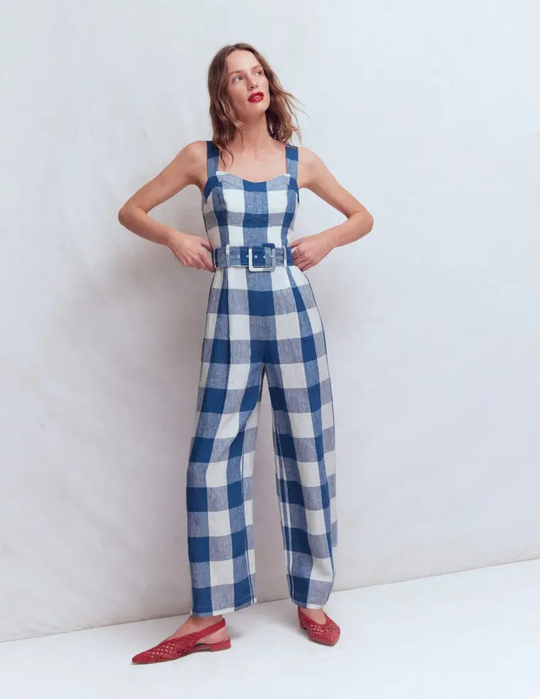 Panelled Bodice Linen Jumpsuit-Denim Blue Gingham | Boden UK