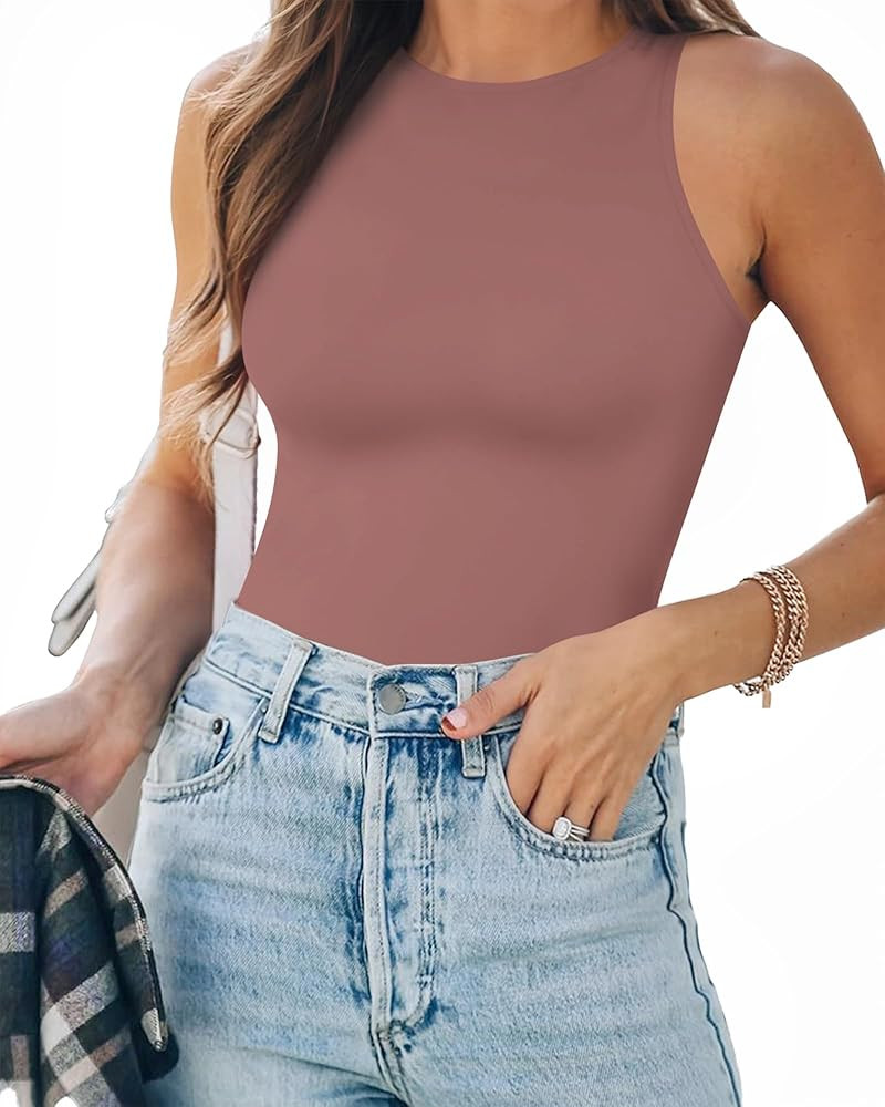 MANGOPOP Tank Top Body Suits Women Sexy Crew Neck Racerback Halter Ribbed Sleeveless Bodysuit for... | Amazon (US)