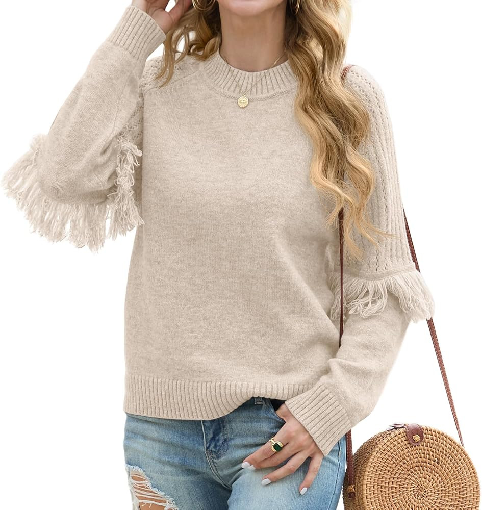 JINKESI Women's 2024 Fall Winter Pullover Sweater Long Sleeve Crew Neck Casual Outfits Knit Sweat... | Amazon (US)