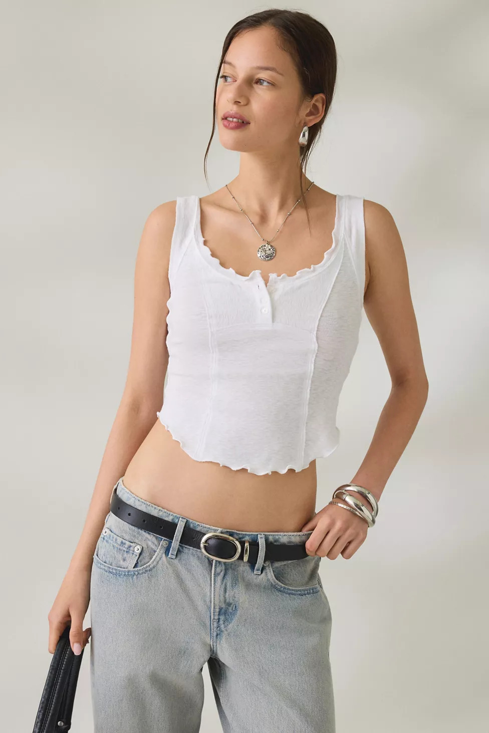BDG Jules Ruffle Scoop Neck Henley Tank Top | Urban Outfitters (US and RoW)