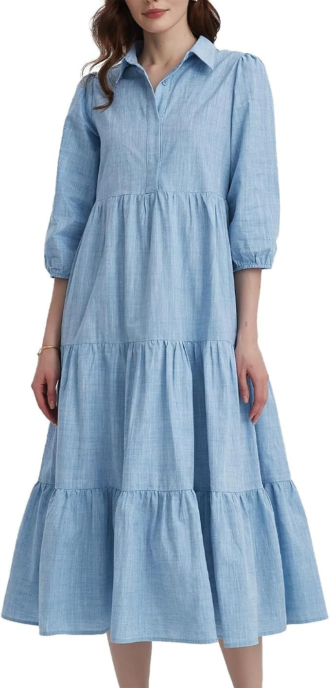Women Button Down Maxi Shirt Dress Long Sleeve Flowy Tiered Collared Dresses with Pockets | Amazon (US)