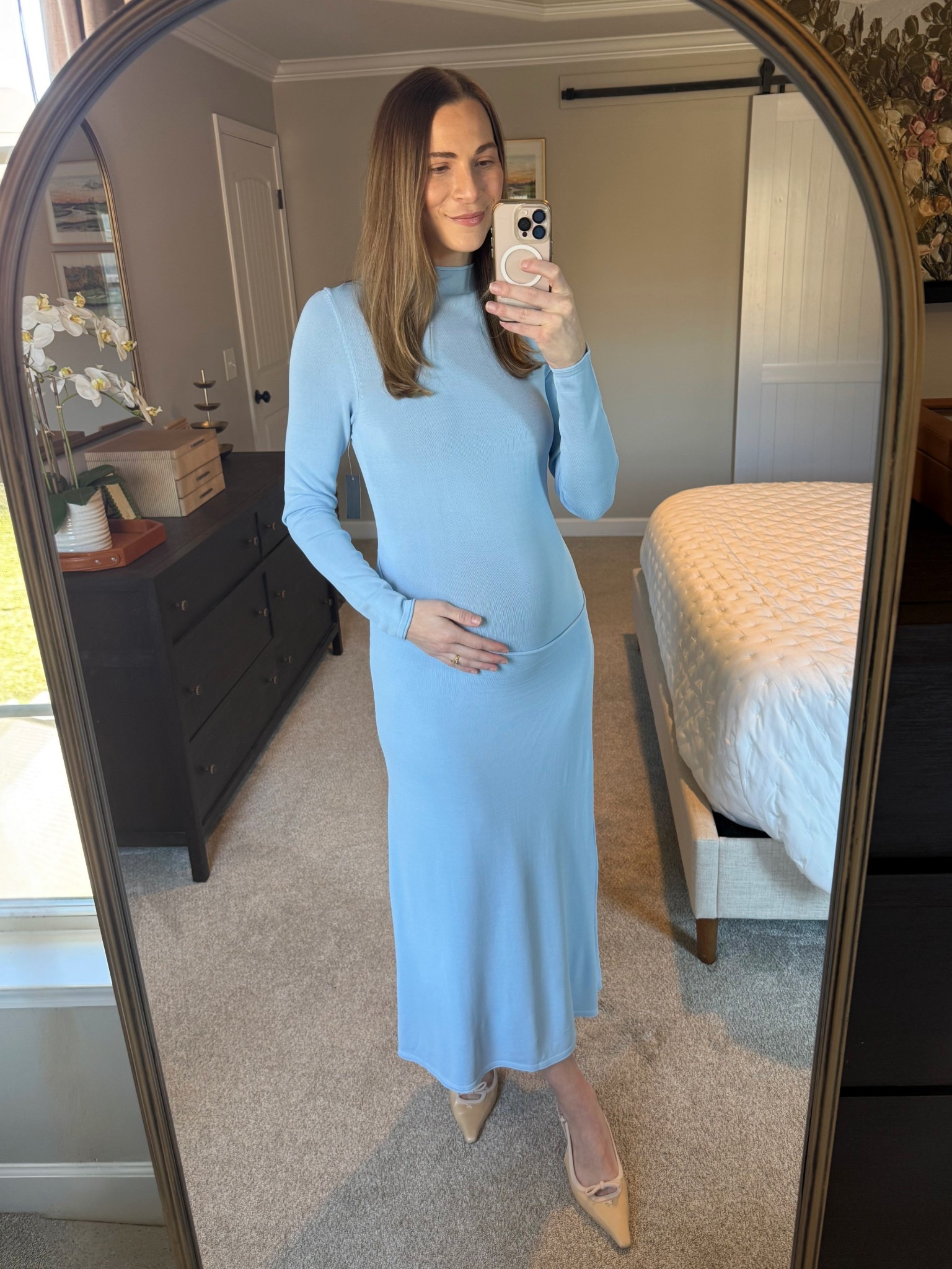 Baby shower dress - light blue
Wearing size large (sized up 2 sizes for bump. 

#LTKBump #LTKBaby