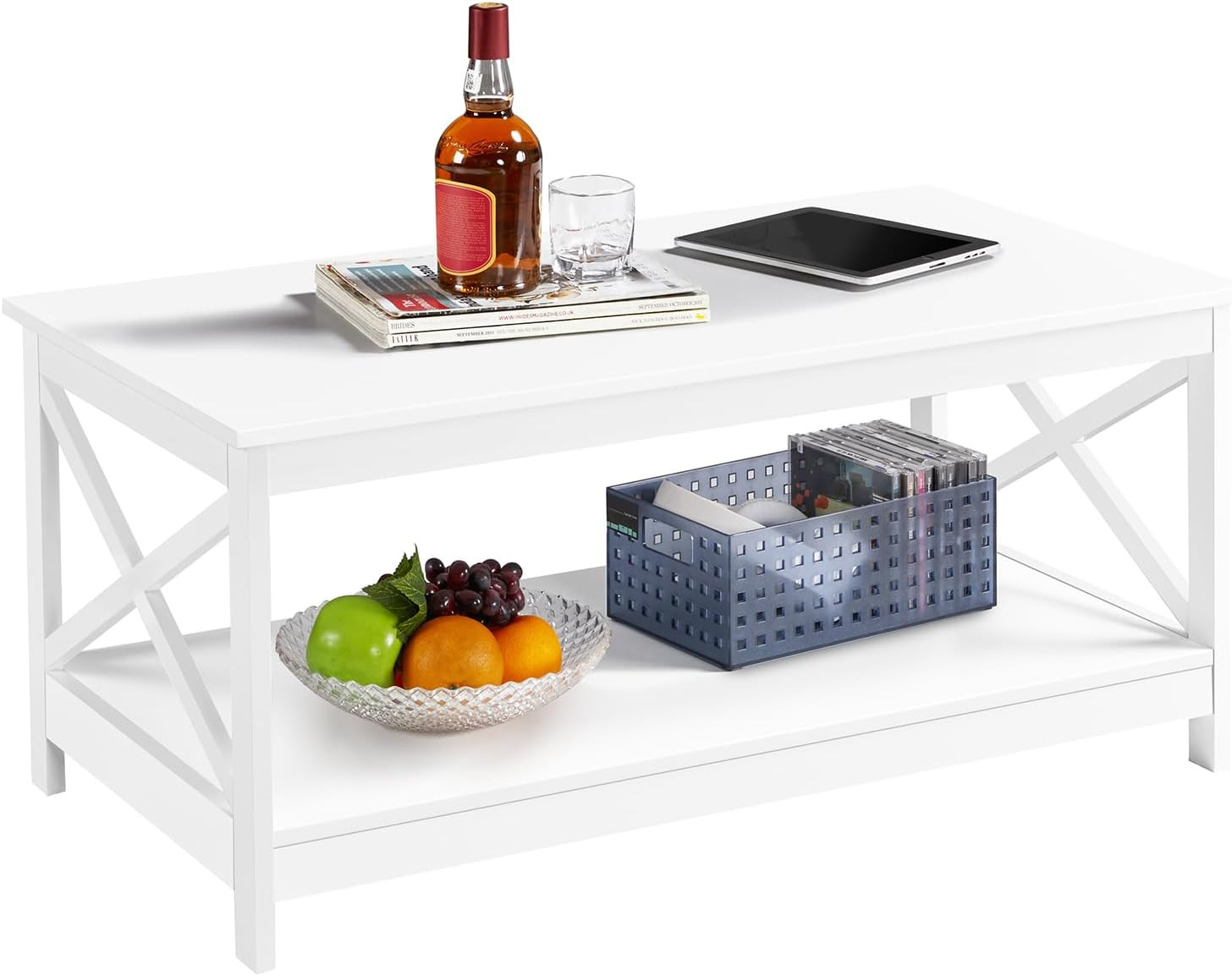 Yaheetech Wood 2-Tier White Coffee Table with Storage Shelf for Living Room, X Design Accent Cocktail Table, Simple Design Home Furniture, 39.5 x 21.5 x 18 Inches | Amazon (US)