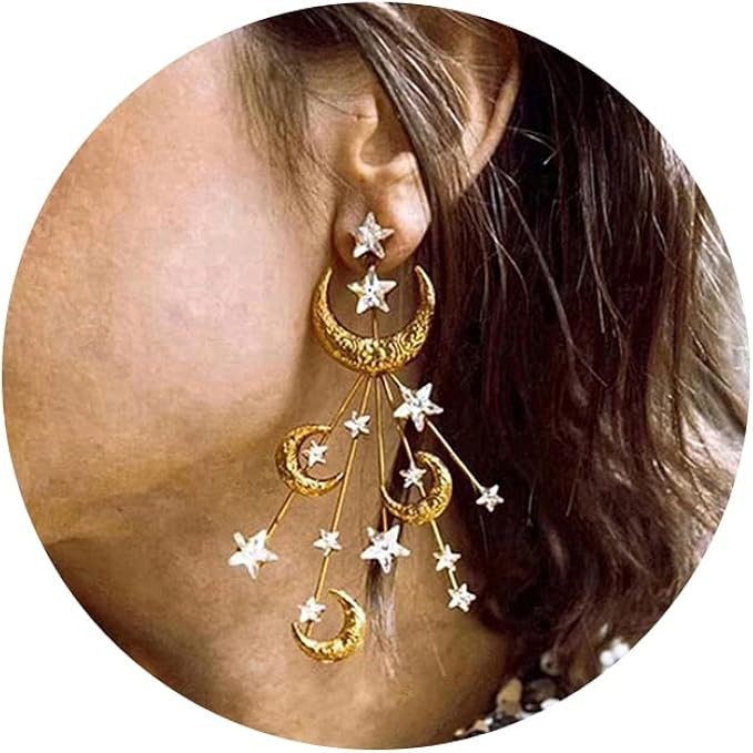 Star Moon Earrings Made Swarovski Crystal Gold Plated Crescent Moon Stars Drop Dangle Mother's Da... | Amazon (US)