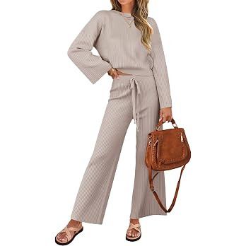 ZESICA Women's 2026 Fall 2 Piece Sets Sweatsuit Lounge Set | Long Sleeve Knit Pullover Top, Wide ... | Amazon (US)