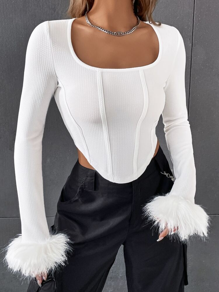 SHEIN BAE Fuzzy Cuff Curved Hem Tee | SHEIN
