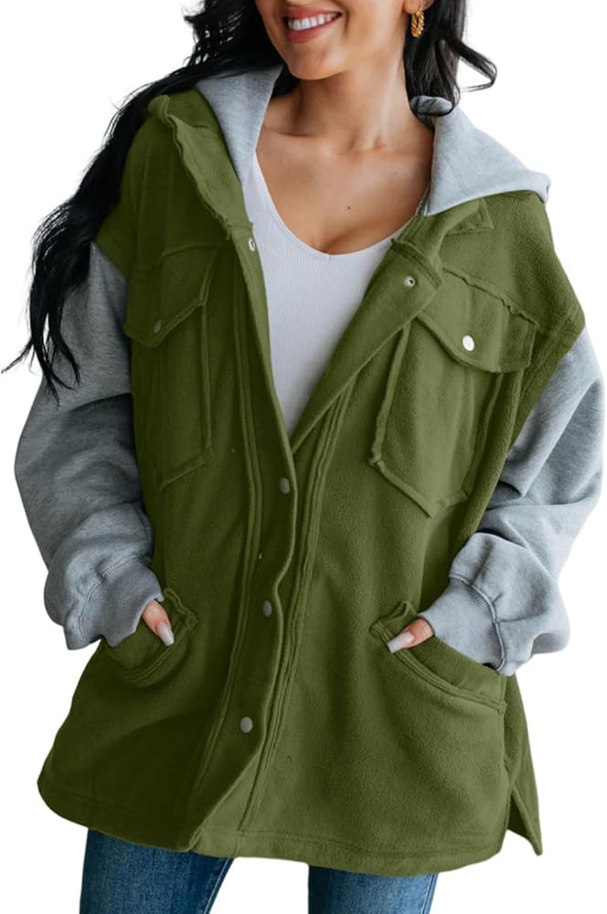 Astylish Womens Oversized Shacket Button Down Hooded Jacket Long Sleeve Outerwear Coat | Amazon (US)