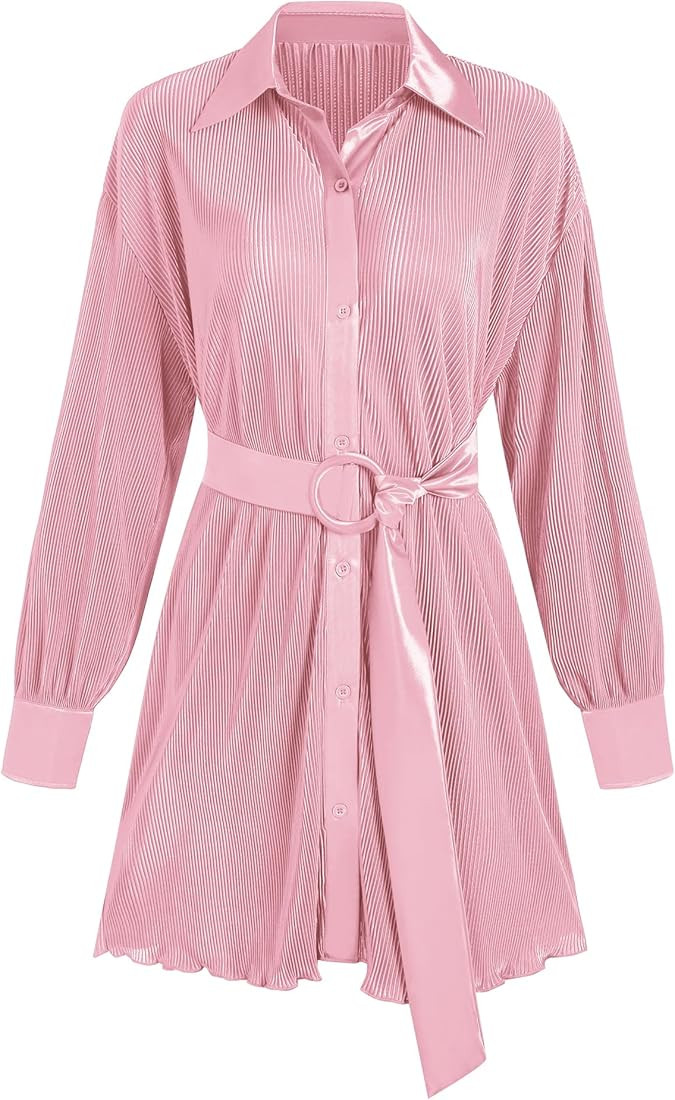 ZAFUL Women's Satin Pleated Dress V Neck Long Sleeve Button Down Loose Shirt Mini Dress with Belt | Amazon (US)