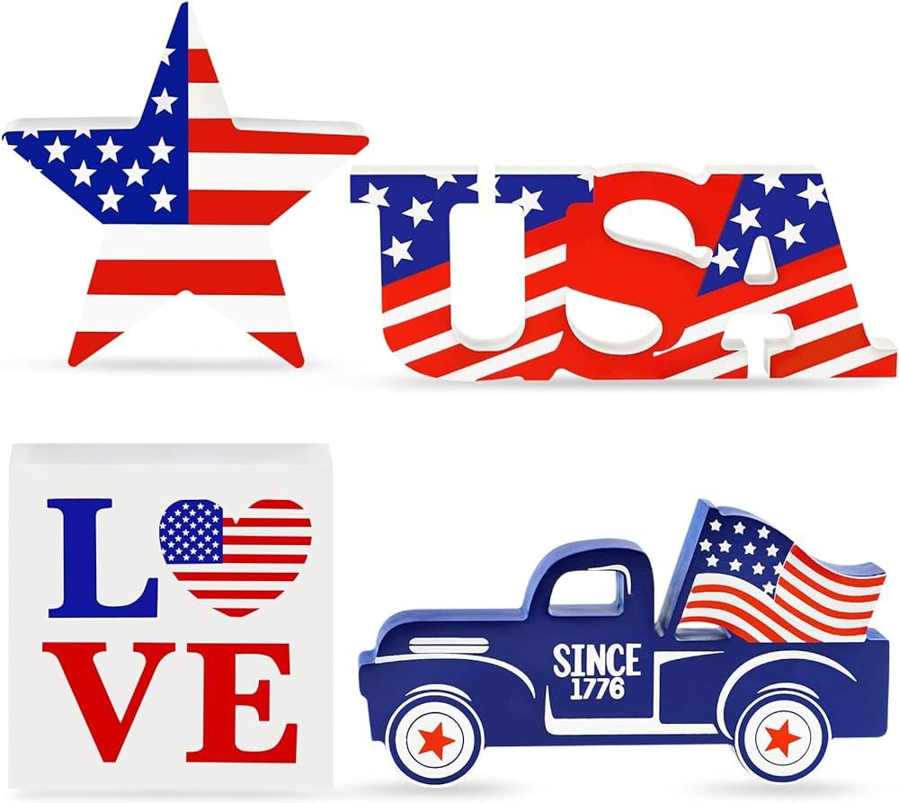 4th of July Decor Patriotic Decorations 4Pcs Wooden Patriotic Star USA LOVE Car Sign Fourth of Ju... | Amazon (US)