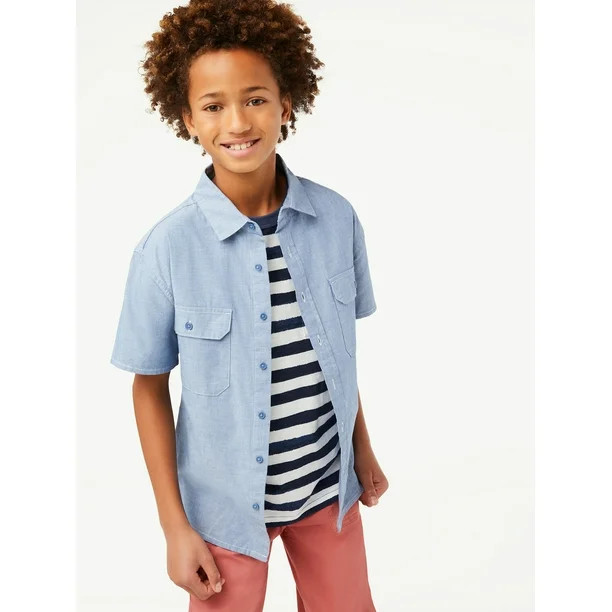 Free Assembly Boys Short Sleeve Chambray Work Shirt, Sizes 4-18 - Walmart.com | Walmart (US)