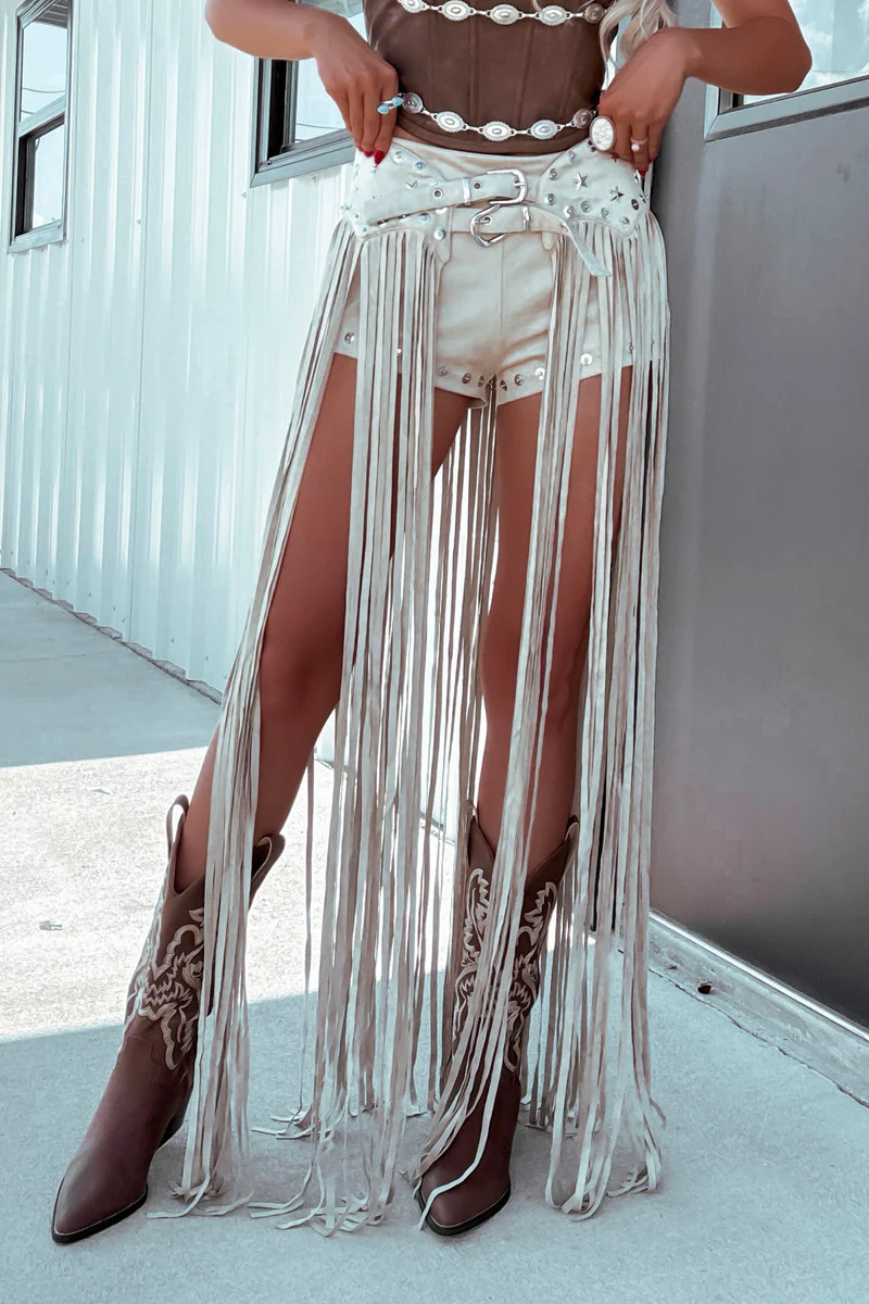 Gypsy Suede Fringe Shorts Buckle Belt -Beige | Matte Blaque