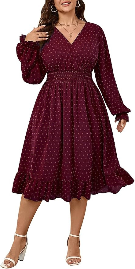 Women's Plus Size Fall Dress Long Sleeve V Neck Smocked Swiss Dot Flowy High Waisted A Line Ruffl... | Amazon (US)