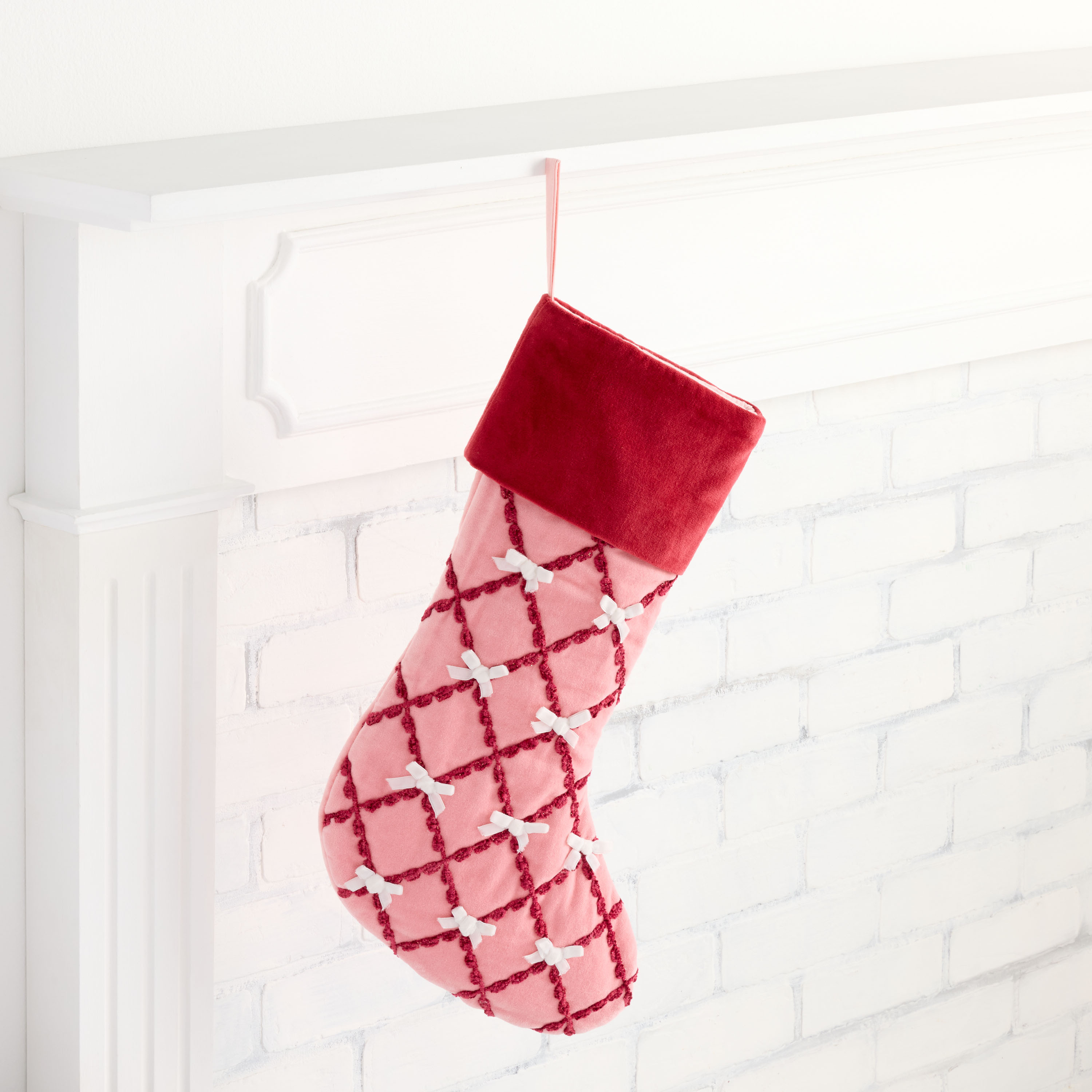 Pink and Red Velvet Bow Christmas Stocking | World Market