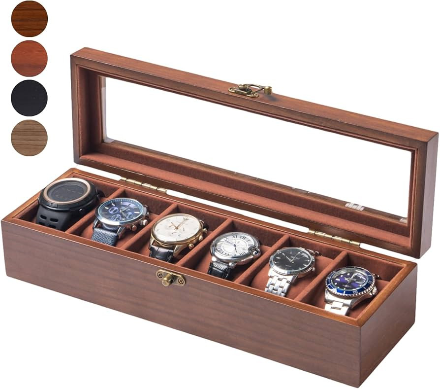 Watch Box, Watch Case for Men Women with Large Glass Lid, Wooden Watch Display Storage Box with 6... | Amazon (US)