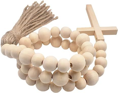 NOLITOY Wooden Beads String with Cross Farmhouse Beaded Cross Wood Bead Garland with Blessed Cros... | Amazon (US)
