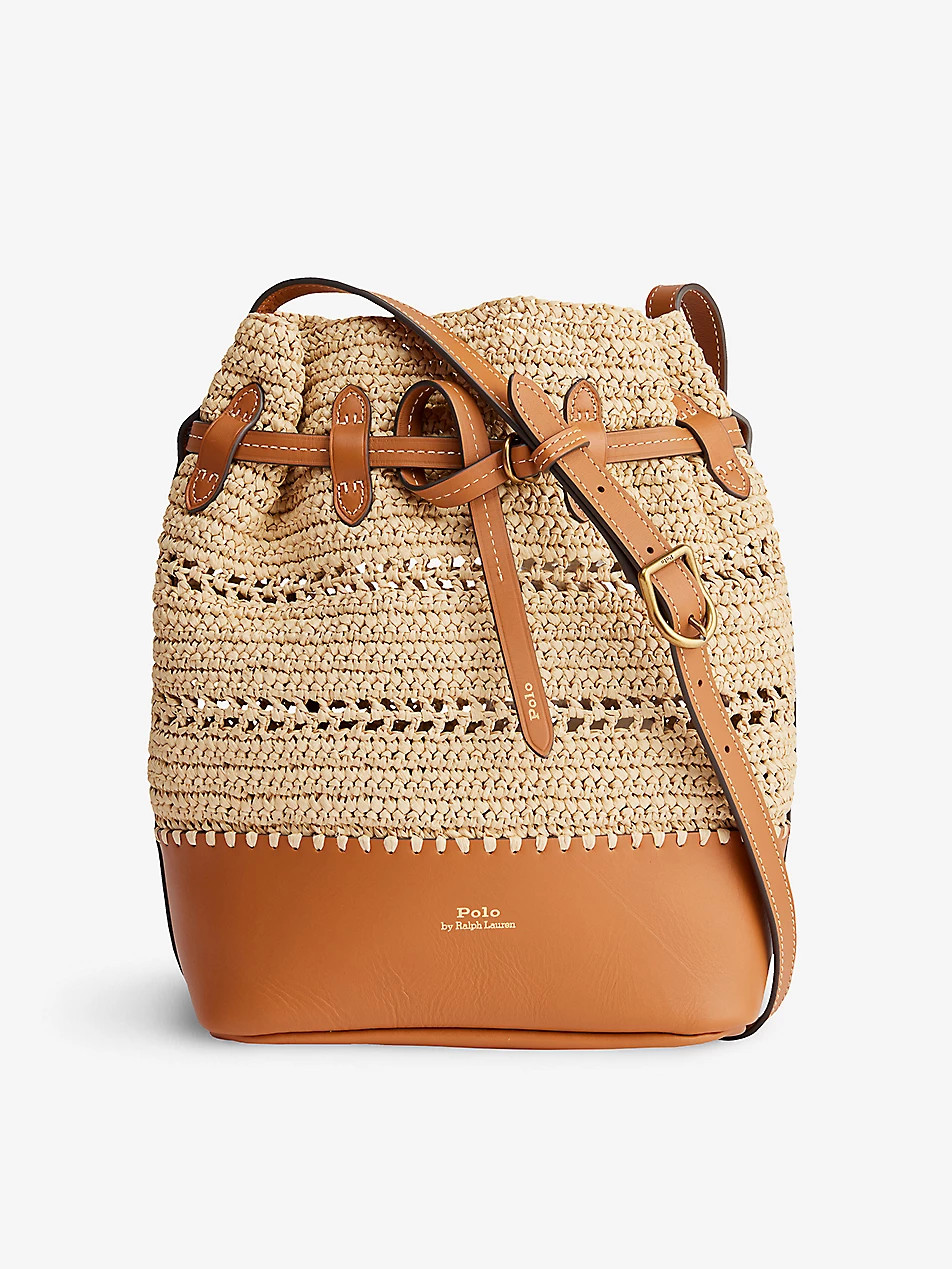 Logo-print medium raffia bucket bag | Selfridges