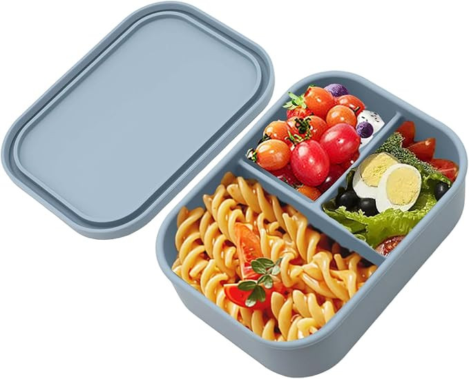Silicone Bento Box Lunch Container, 3 Compartment Hard-Shell Food Grade Silicone Lunch Box with L... | Amazon (US)
