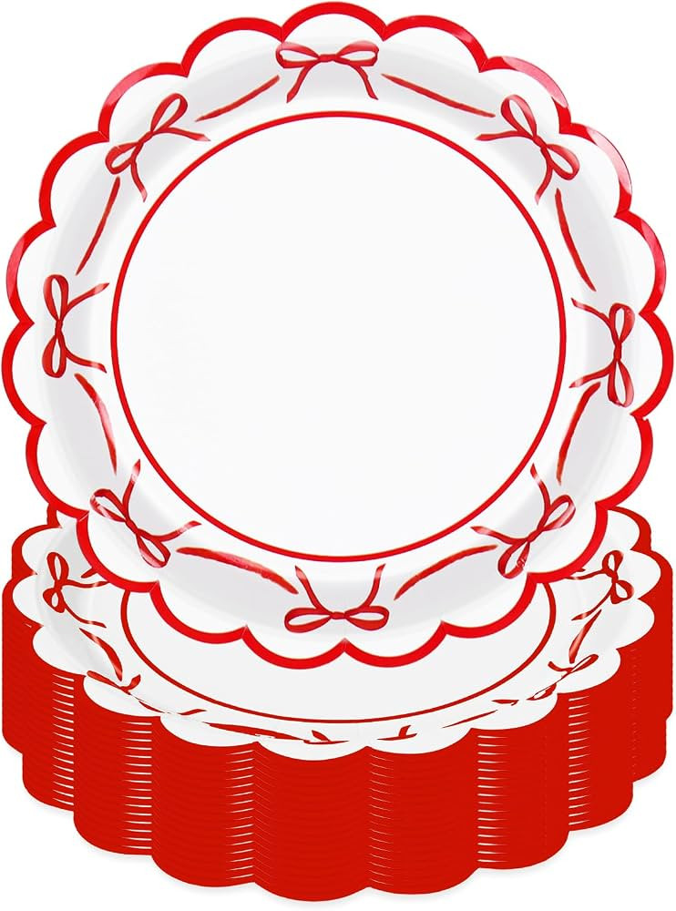 JarThenaAMCS 50 Pcs Red Bow Paper Plates Bowknot Scalloped Valentines Disposable Plate Decorative... | Amazon (US)
