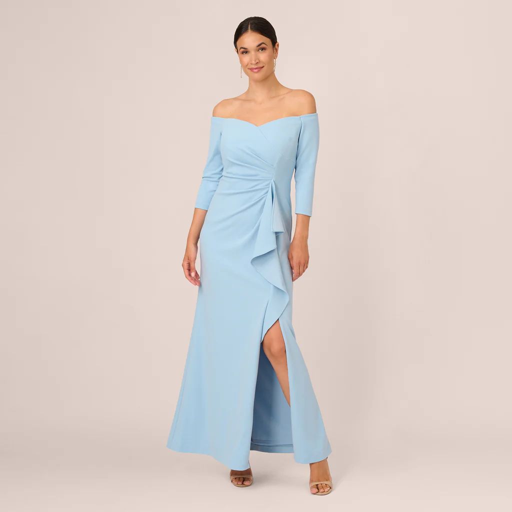 Off The Shoulder Cascading Ruffle Gown In Blue Mist | Adrianna Papell