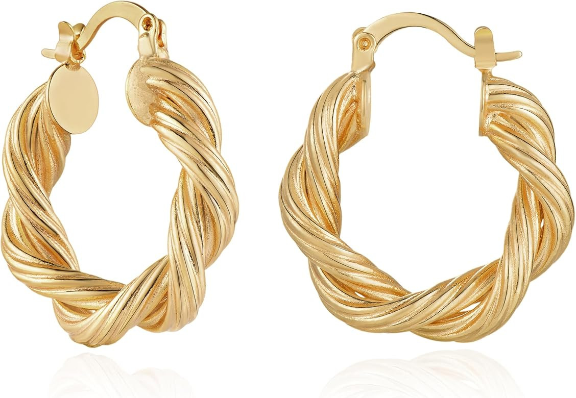 Gold Hoop Earrings for Women 14K Gold Plated Twisted Beaded Thick Hoops Earring Hypoallergenic Si... | Amazon (US)