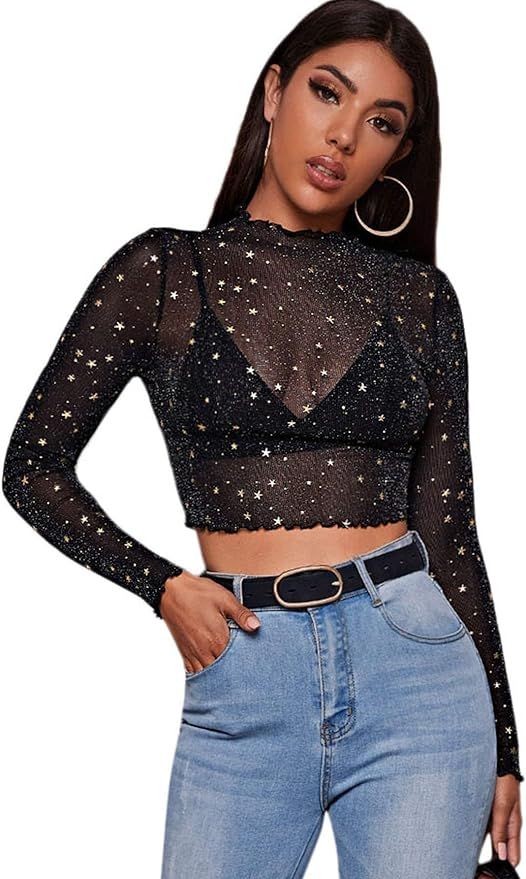 SOLY HUX Women's Casual Print Long Sleeve Tie Side Crop Top T Shirt | Amazon (US)