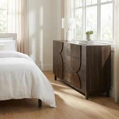 Modern Six-Drawer Fluted Wood Storage Dresser with Geometric Accents and Solid Wood Legs for Bedroom, Living Room, or Hallway Organization | Wayfair North America