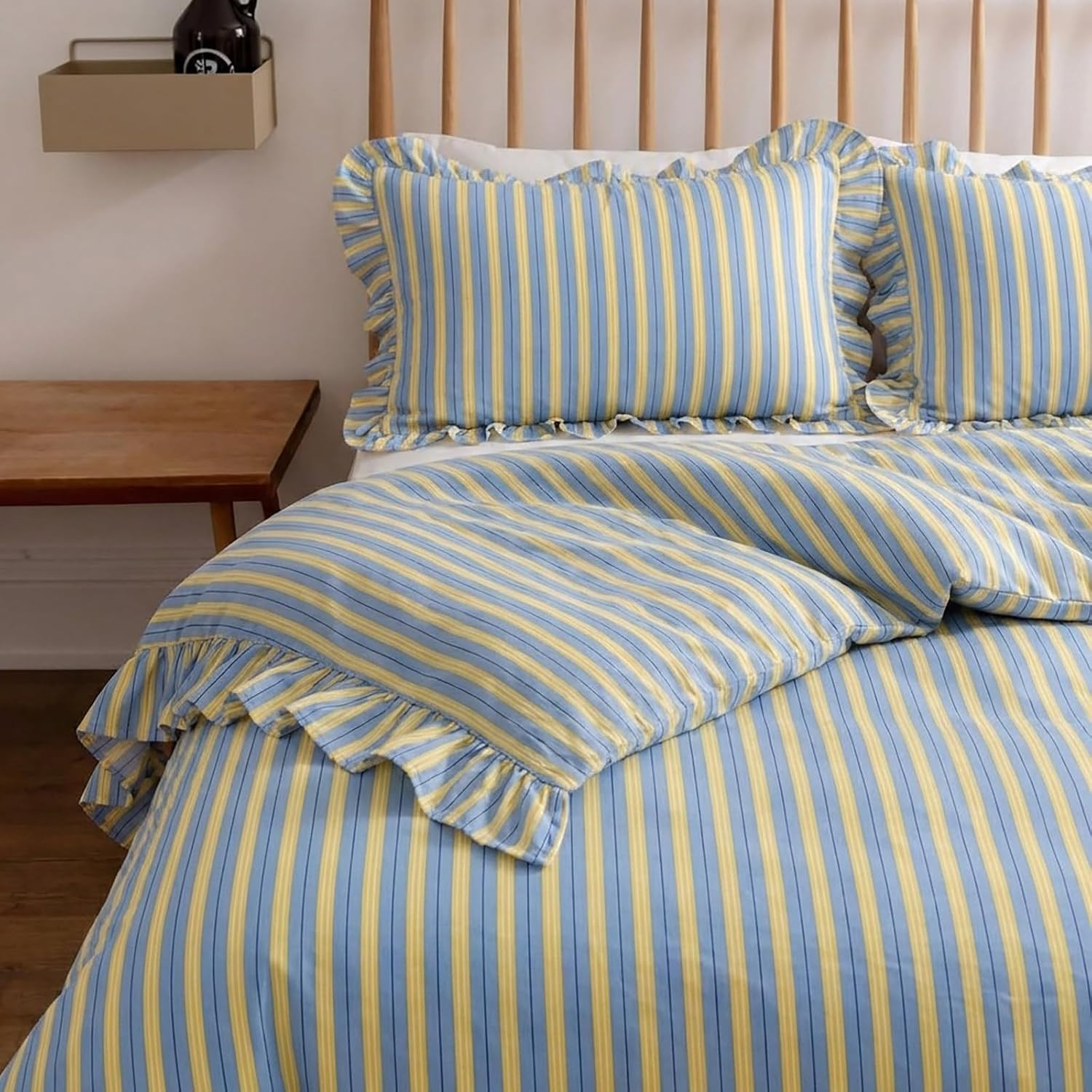 Merryword Blue and Yellow Striped Duvet Cover Set King – 100% Cotton, Ruffle Trim Bedding Set, Soft Lightweight Breathable, Ribbon Stripe, 3 Pieces Set | Amazon (US)