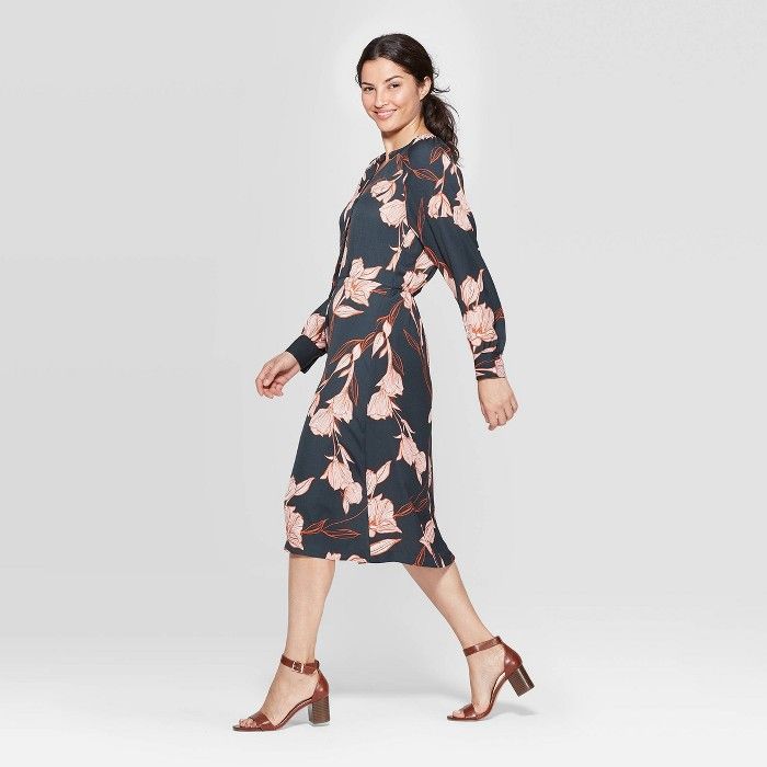 Women's Floral Print Long Sleeve Collared Midi Shirtdress - A New Day™ Olive | Target